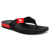 Black slippers for men with red logo available on it. 