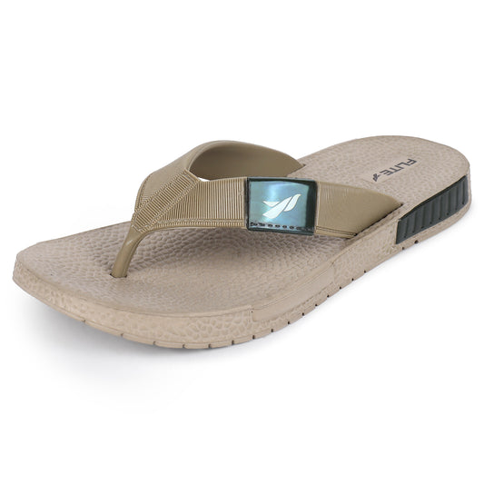 Front image of A close up slight high angle shot of single color men's flip flop sandal by flite. The sandal has a textured, slightly bumpy footbed and a thick durable looking sole. The thong strap is wide an also textured with horizontal ridges. 