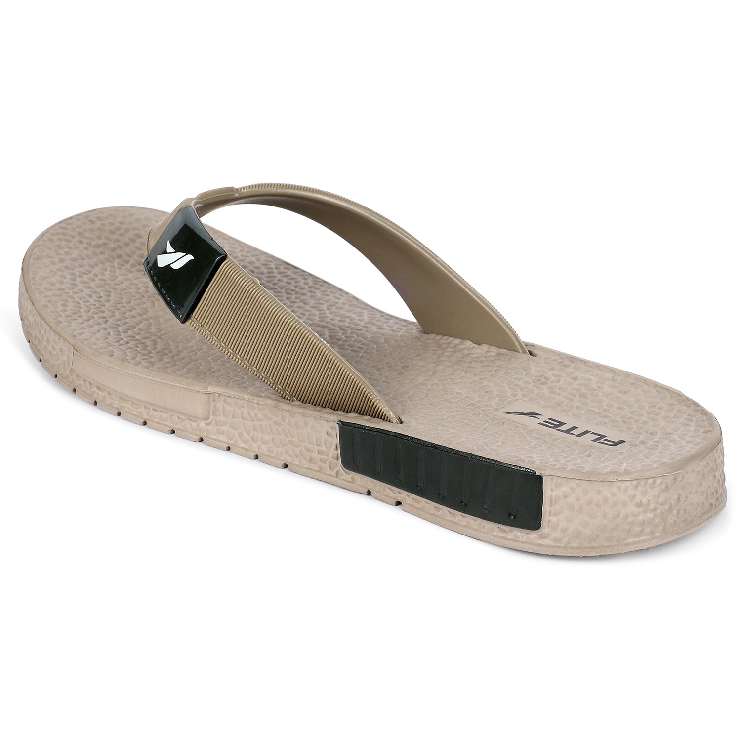Flite visibility - image of Flite slippers.  The sandal has a textured, slightly bumpy footbed and a thick durable looking sole. The thong strap is wide an also textured with horizontal ridges. 