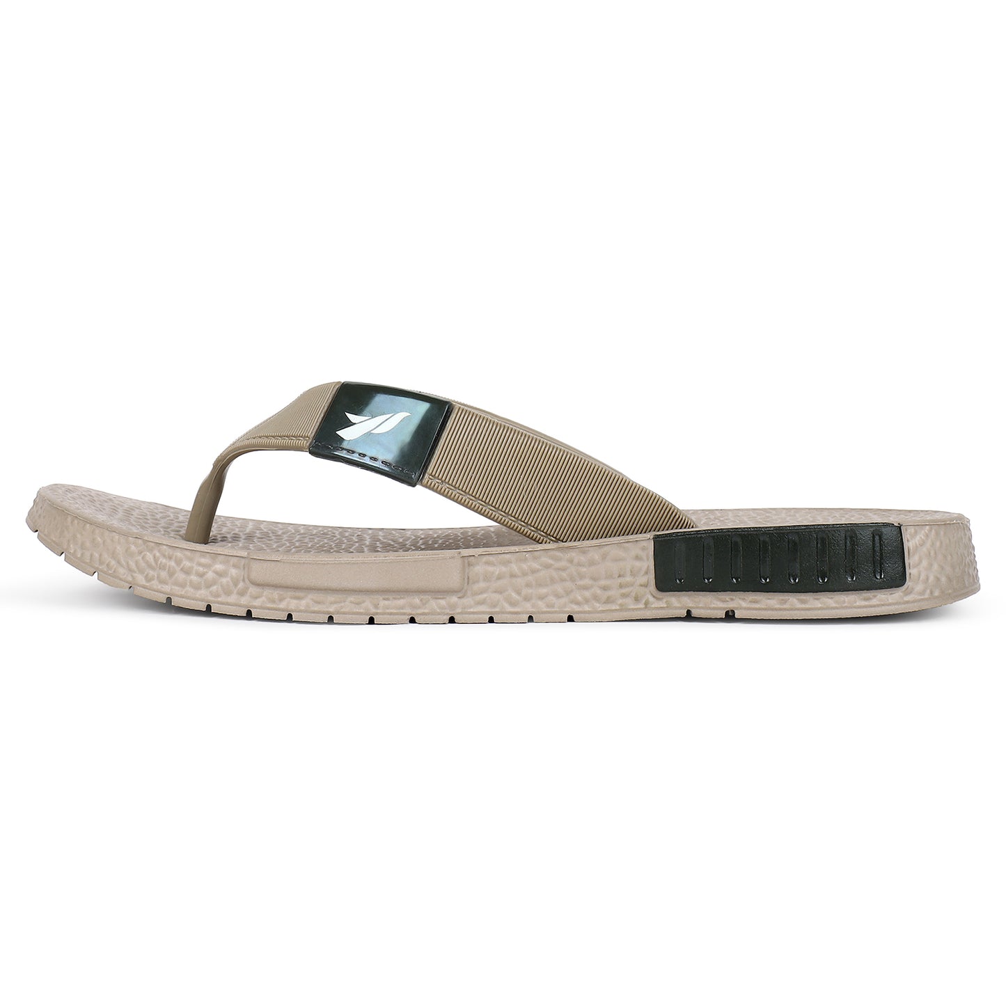 Side by side image of A close up slight high angle shot of single color men's flip flop sandal by flite. The sandal has a textured, slightly bumpy footbed and a thick durable looking sole. The thong strap is wide an also textured with horizontal ridges. 