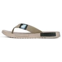 Side by side image of A close up slight high angle shot of single color men's flip flop sandal by flite. The sandal has a textured, slightly bumpy footbed and a thick durable looking sole. The thong strap is wide an also textured with horizontal ridges. 