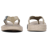 Front and back side image of A close up slight high angle shot of single color men's flip flop sandal by flite. The sandal has a textured, slightly bumpy footbed and a thick durable looking sole. The thong strap is wide an also textured with horizontal ridges. 