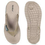 Front and back side image of A close up slight high angle shot of single color men's flip flop sandal by flite. The sandal has a textured, slightly bumpy footbed and a thick durable looking sole. The thong strap is wide an also textured with horizontal ridges. 