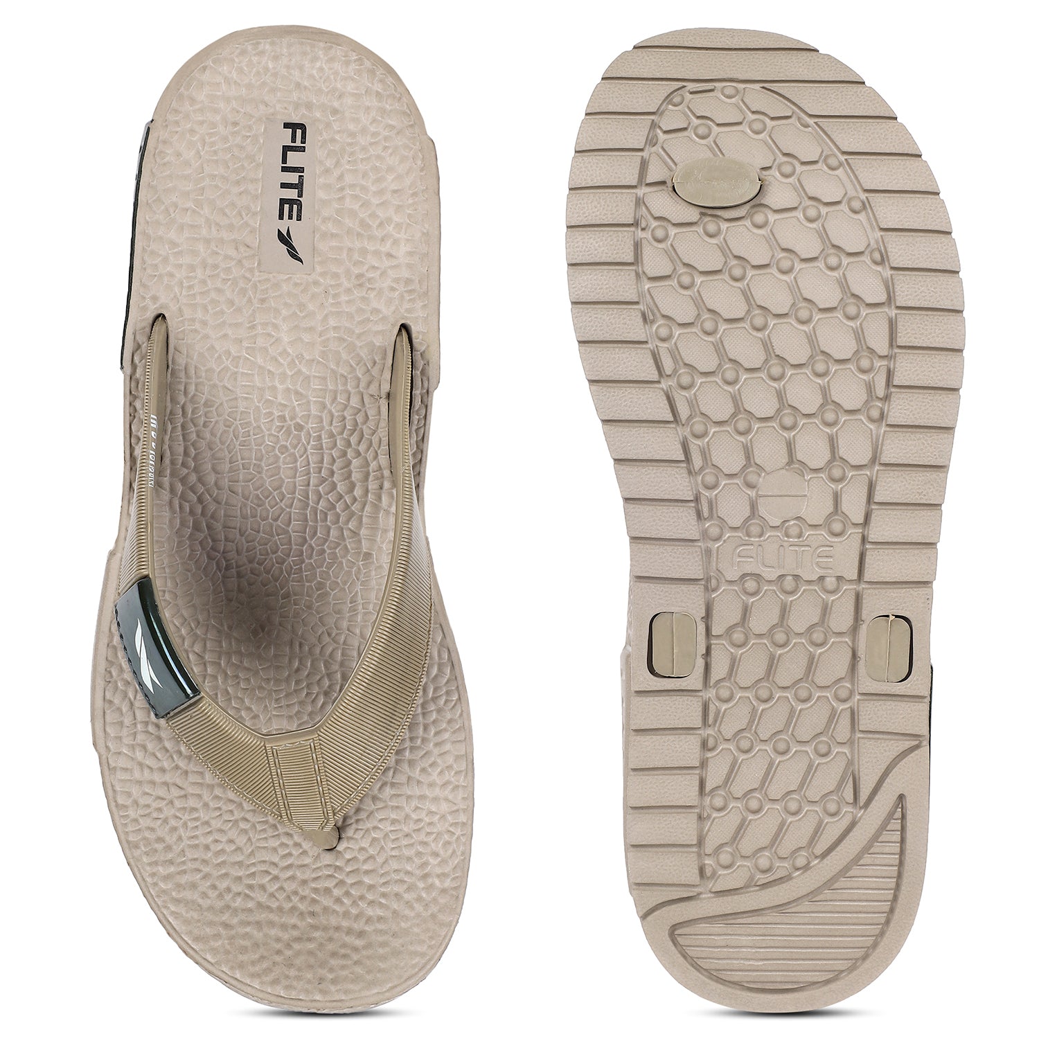 Front and back side image of A close up slight high angle shot of single color men's flip flop sandal by flite. The sandal has a textured, slightly bumpy footbed and a thick durable looking sole. The thong strap is wide an also textured with horizontal ridges. 