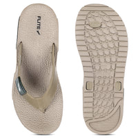 Front and back side image of A close up slight high angle shot of single color men's flip flop sandal by flite. The sandal has a textured, slightly bumpy footbed and a thick durable looking sole. The thong strap is wide an also textured with horizontal ridges. 
