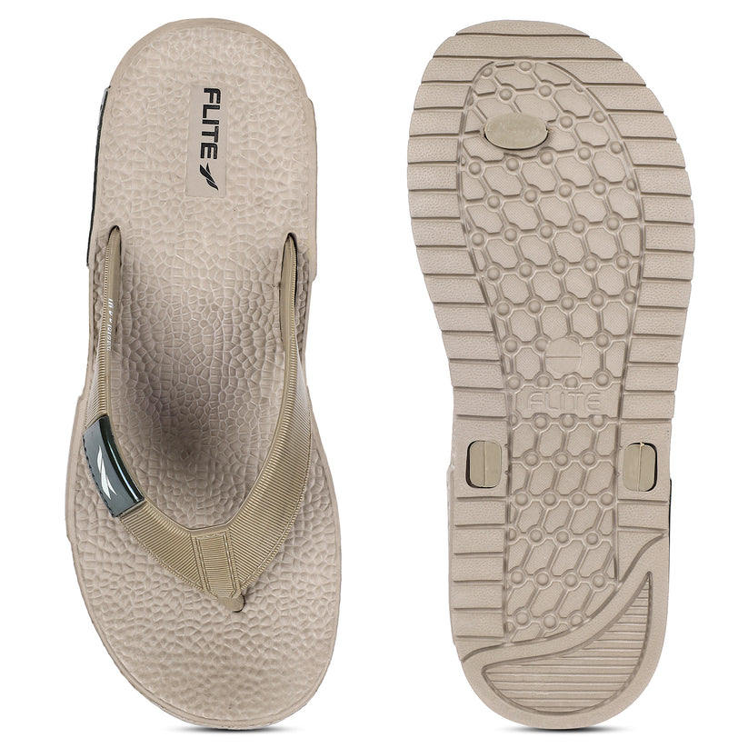Front and back side image of A close up slight high angle shot of single color men's flip flop sandal by flite. The sandal has a textured, slightly bumpy footbed and a thick durable looking sole. The thong strap is wide an also textured with horizontal ridges. 
