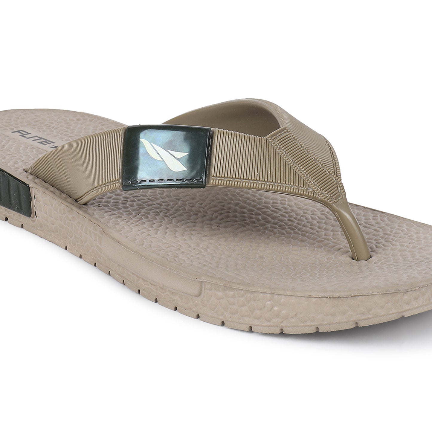 Front side zoom image of A close up slight high angle shot of single color men's flip flop sandal by flite. The sandal has a textured, slightly bumpy footbed and a thick durable looking sole. The thong strap is wide an also textured with horizontal ridges. 