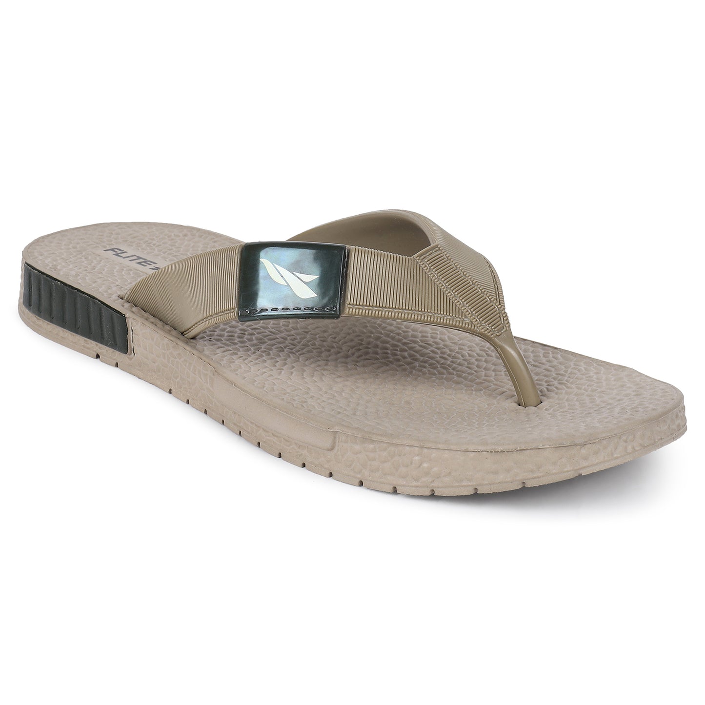 Zoom from right side image of Flite slippers.  The sandal has a textured, slightly bumpy footbed and a thick durable looking sole. The thong strap is wide an also textured with horizontal ridges. 