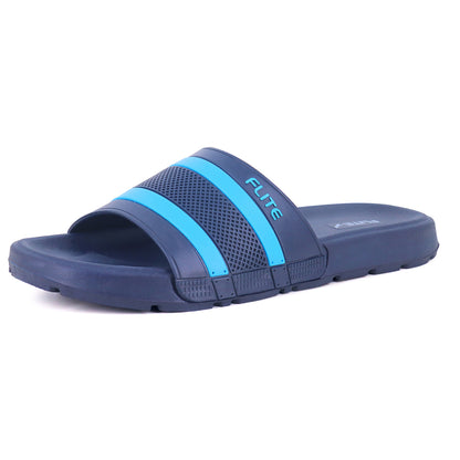Flite navy blue and sky blue men’s slide slippers with cushioned sole and stylish dual stripe design, perfect for everyday comfort and casual wear.
