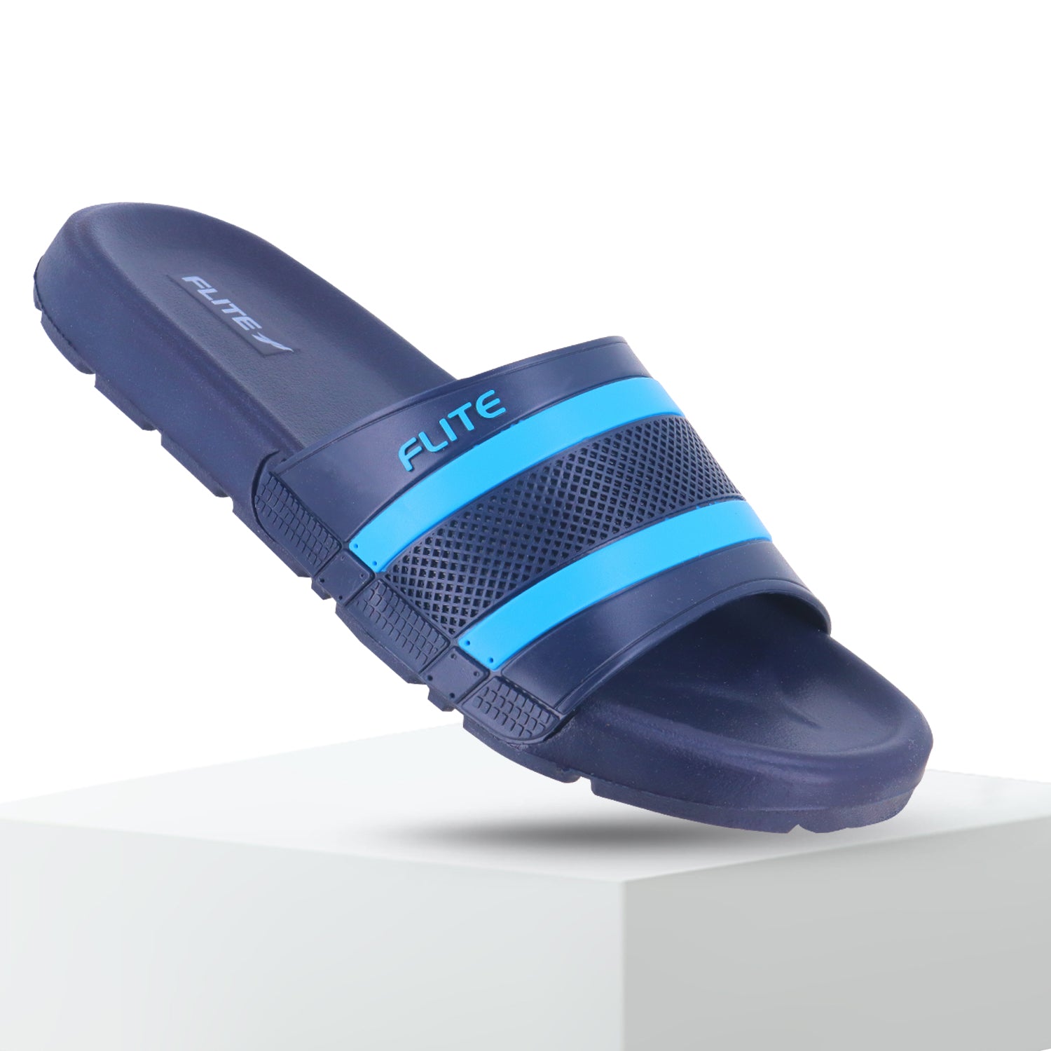 side view of flite - Flite navy blue and sky blue men’s slide slippers with cushioned sole and stylish dual stripe design, perfect for everyday comfort and casual wear.