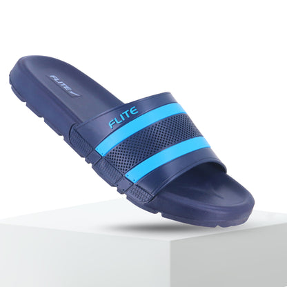 side view of flite - Flite navy blue and sky blue men’s slide slippers with cushioned sole and stylish dual stripe design, perfect for everyday comfort and casual wear.