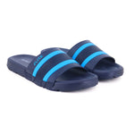 Pair of Flite navy blue and sky blue men’s slide slippers with cushioned sole and stylish dual stripe design, perfect for everyday comfort and casual wear.