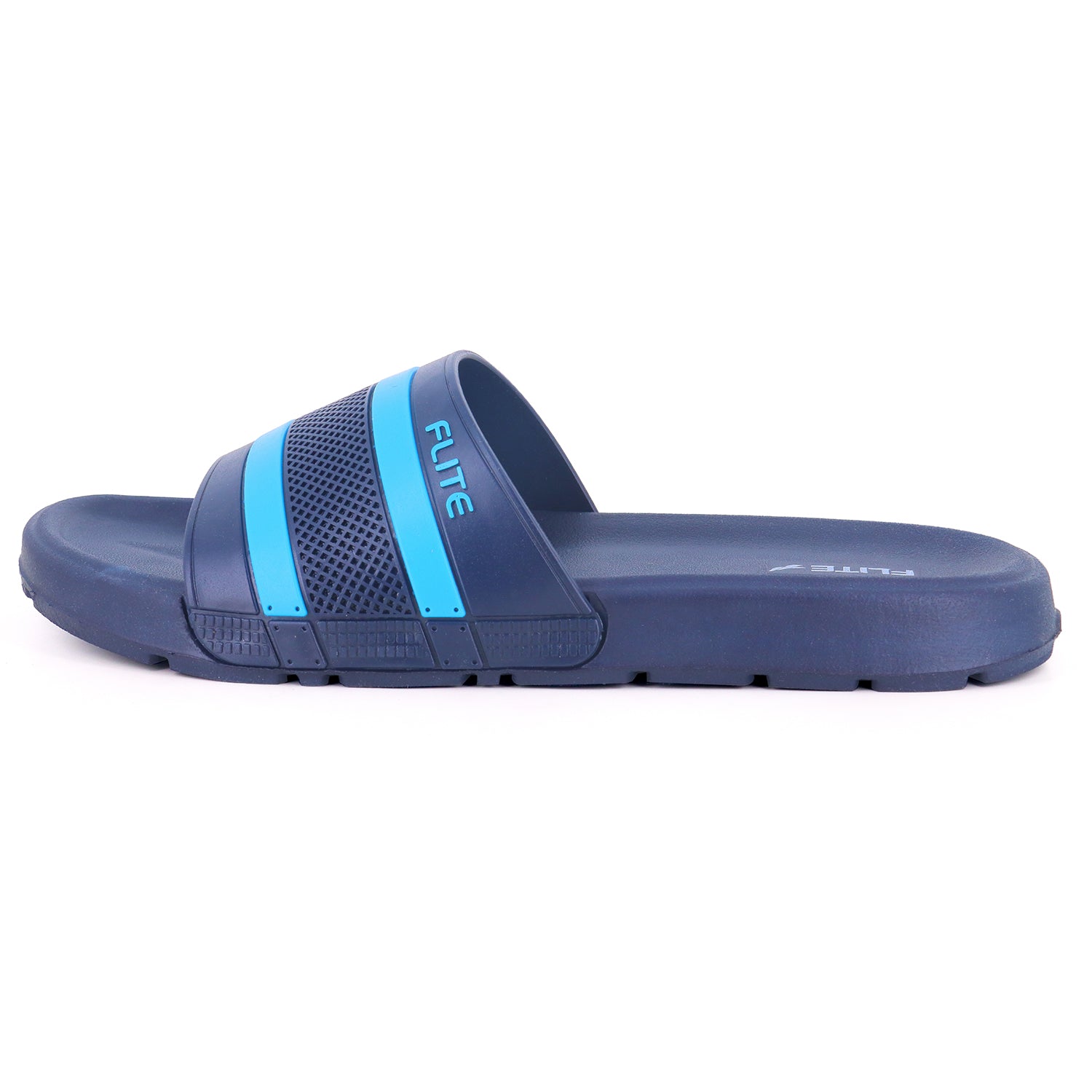 left side full detailed Flite navy blue and sky blue men’s slide slippers with cushioned sole and stylish dual stripe design, perfect for everyday comfort and casual wear with White background