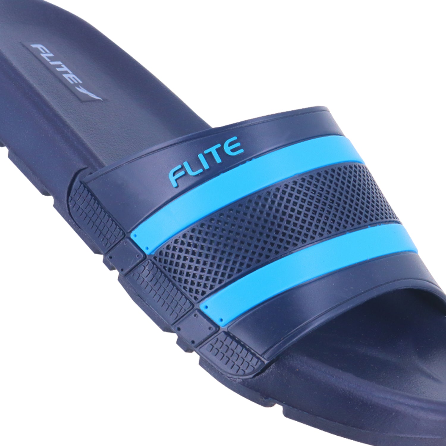 right focus image of front and back flite navy blue flite left side full detailed Flite navy blue slide slippers for men