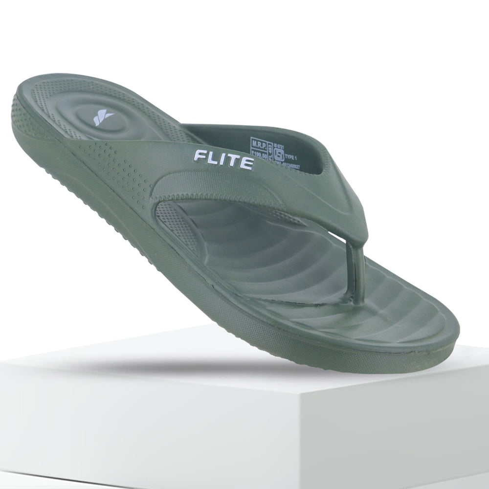 Right side back lifted Navy Green Slippers for men by flite with thick bottom flite chappal with white background and attractive appeal. 