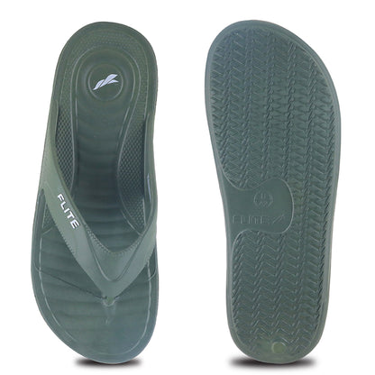 one by one front and side image of  Navy Green Slippers for men by flite with thick bottom flite chappal with white background and attractive appeal. 