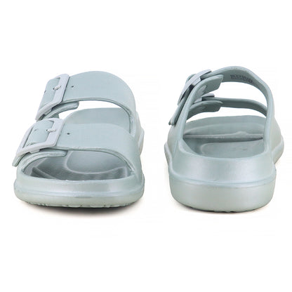 A close-up image of a solid light blue FLITE double-buckle slipper or slide.