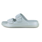 Casual, unisex, light blue rubber slide sandal with two white adjustable buckles, branded FLITE.