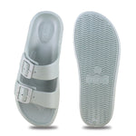 CaSuAl SlIdEs in pale BlUe with two white BUckLes.
