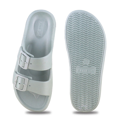 CaSuAl SlIdEs in pale BlUe with two white BUckLes.
