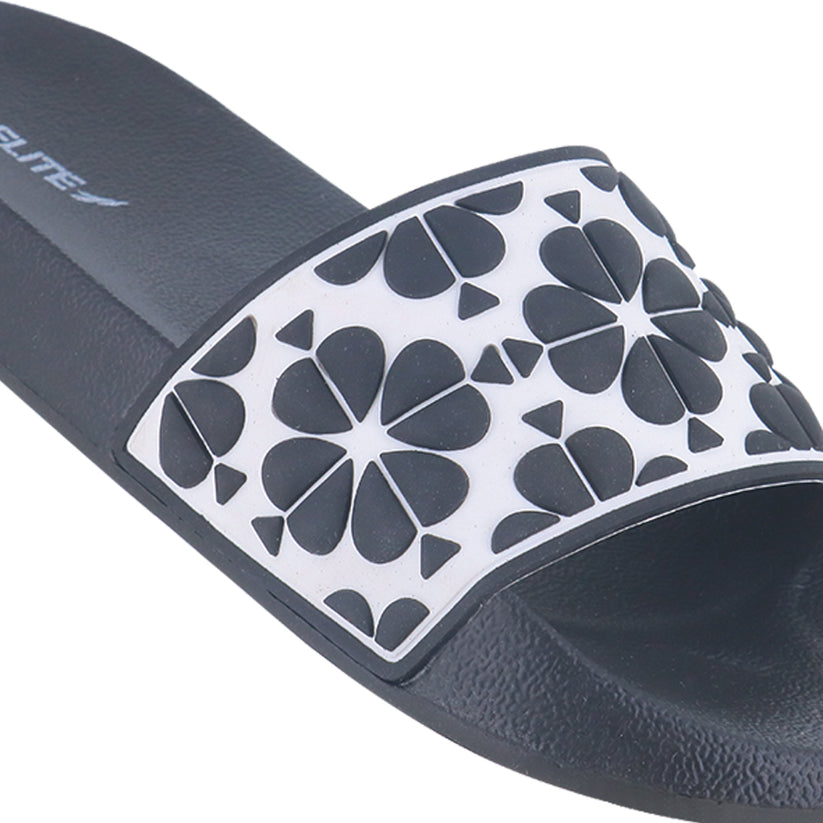 left side image of flite, Black and White Slides For Ladies with white background.