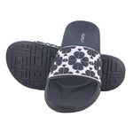 Flite one above one front and back image of flite, Black and White Slides For Ladies with white background.