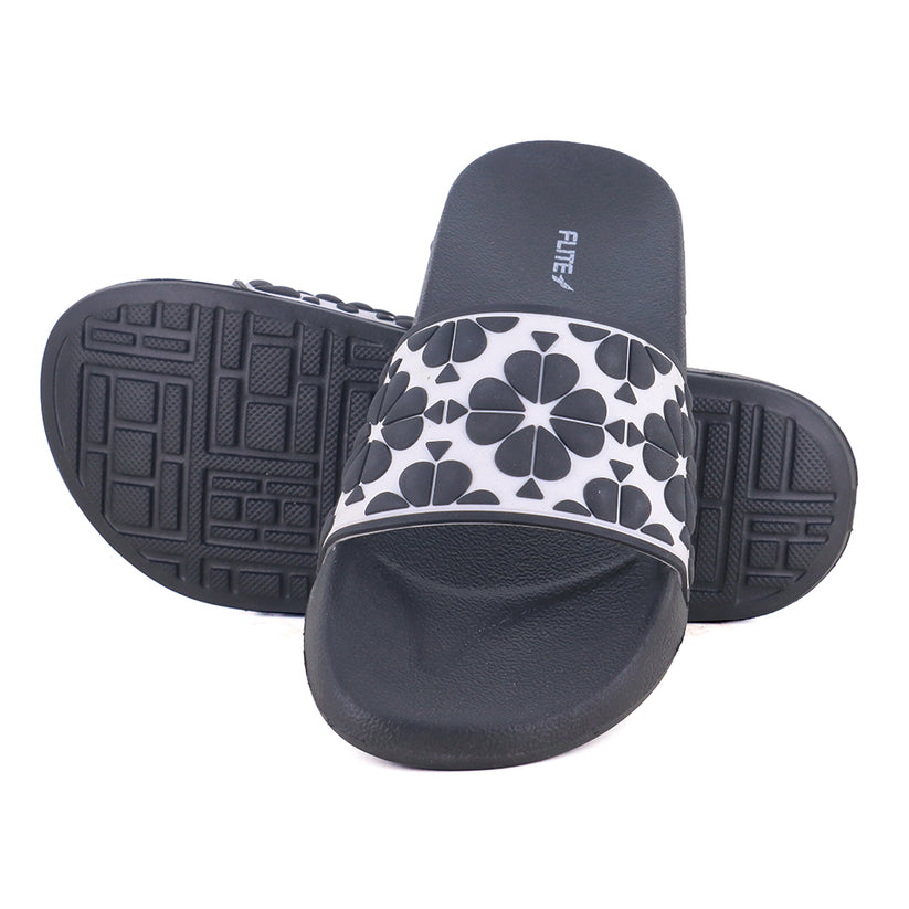 Flite one above one front and back image of flite, Black and White Slides For Ladies with white background.