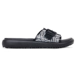 A very beautiful view of the product that needs to be highlighted, image view Flite view Black Slides For Women with white print on it for everyday wear with white background. 