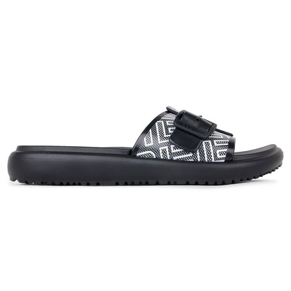 A very beautiful view of the product that needs to be highlighted, image view Flite view Black Slides For Women with white print on it for everyday wear with white background. 