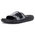 Black Slides For Women with white print on it for everyday wear with white background. 