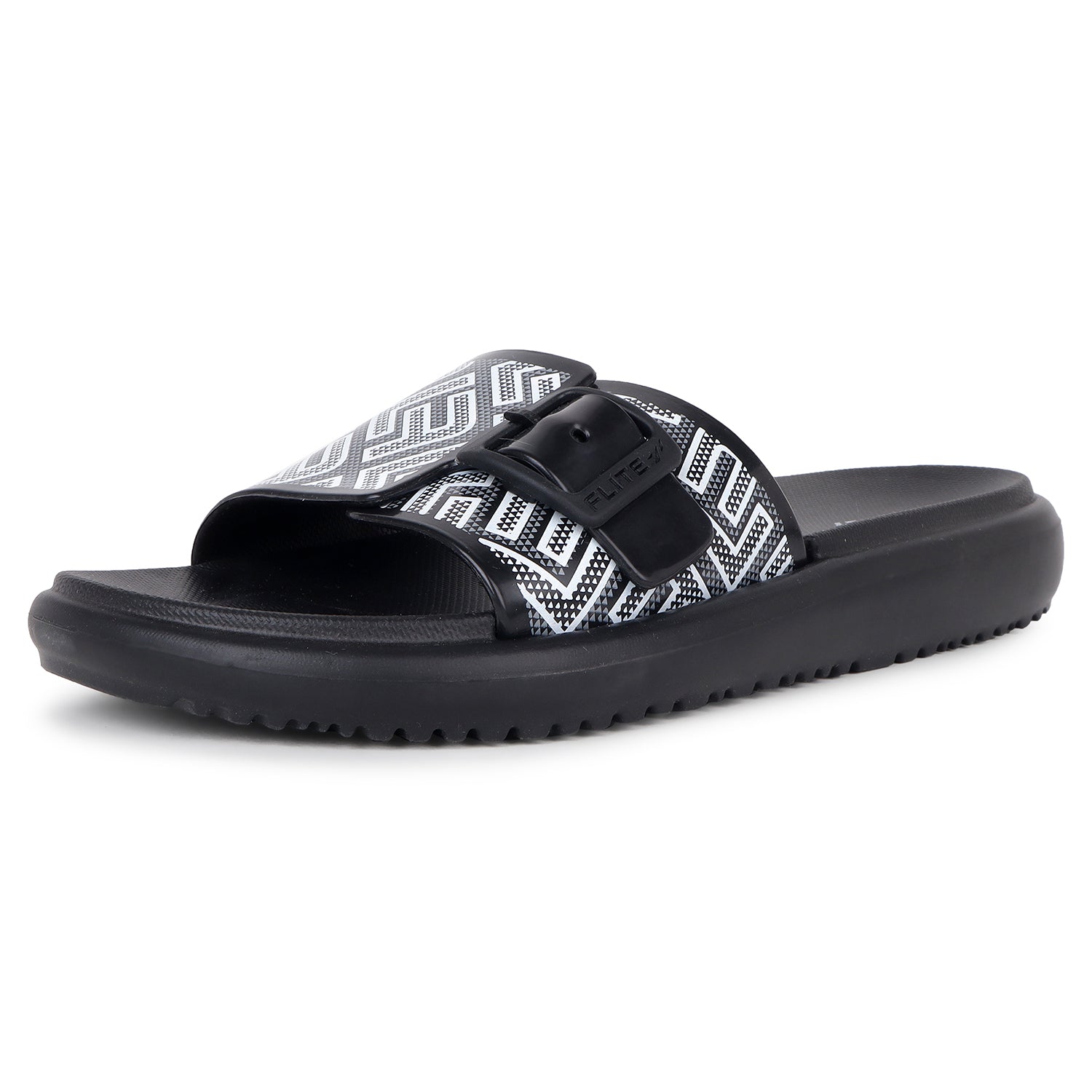 Black Slides For Women with white print on it for everyday wear with white background. 