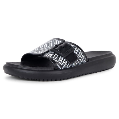 Black Slides For Women with white print on it for everyday wear with white background. 