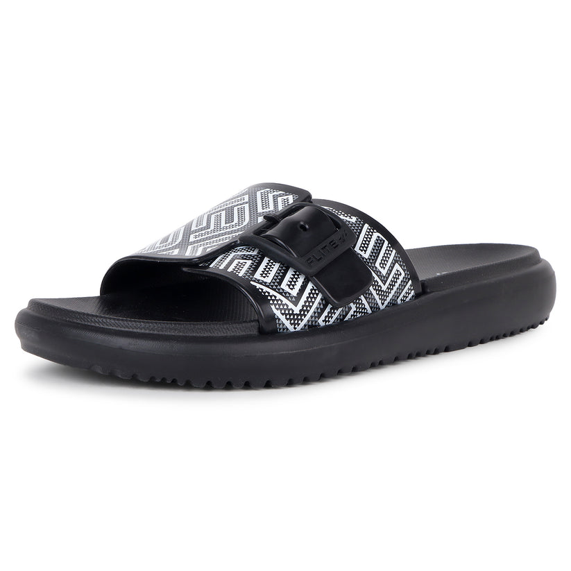 Black Slides For Women with white print on it for everyday wear with white background. 