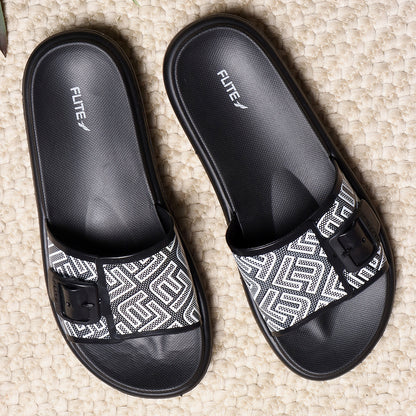 Fite Black Slides For Women with white print on it for everyday wear with white background. 
