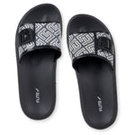 Flite front view Black Slides For Women with white print on it for everyday wear with white background. 