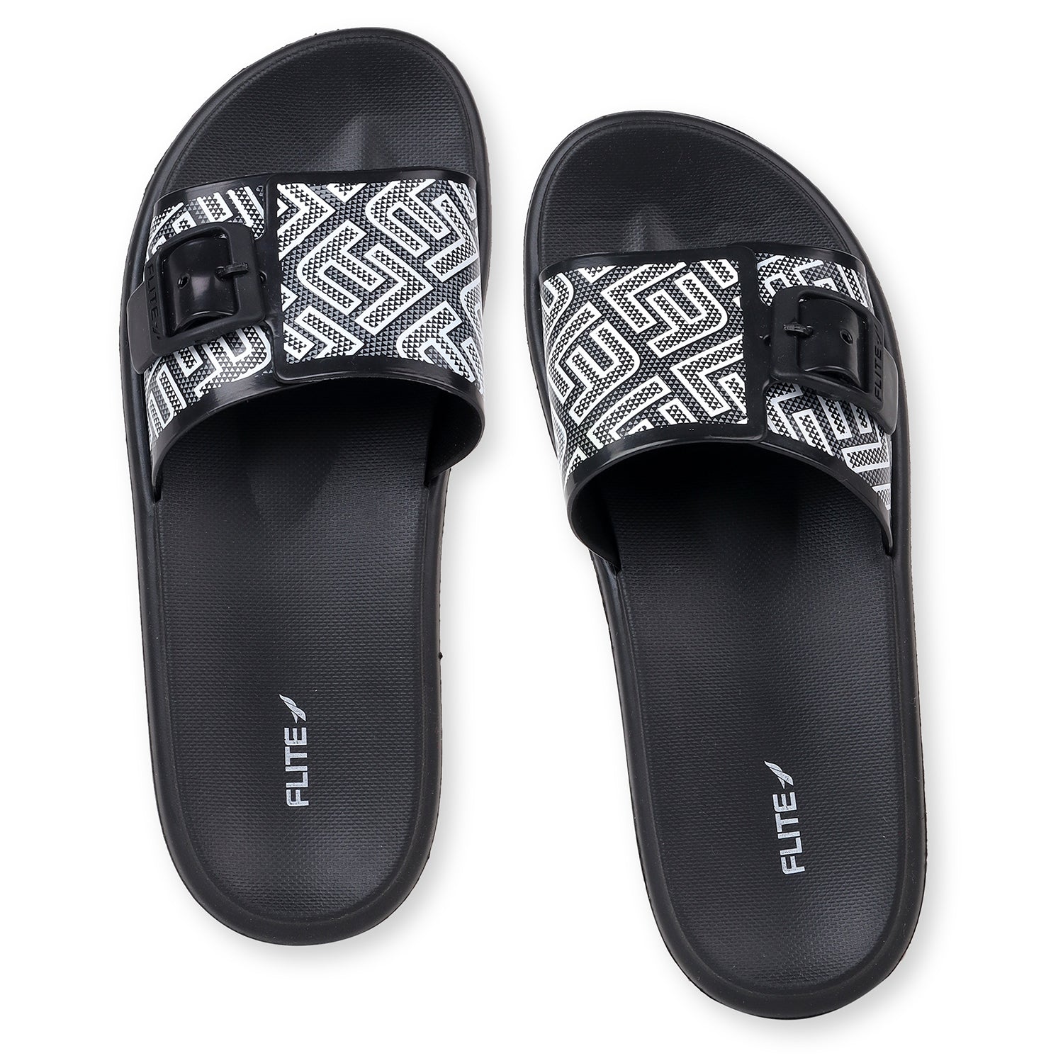 Flite front view Black Slides For Women with white print on it for everyday wear with white background. 