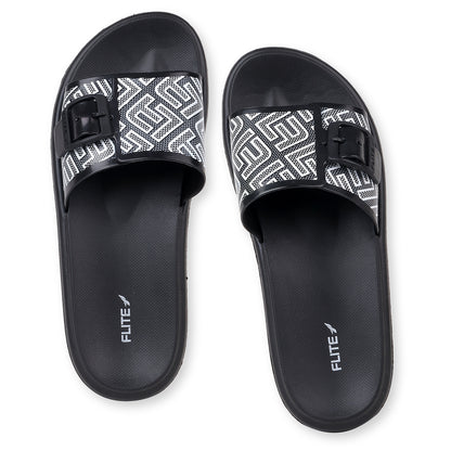 Flite front view Black Slides For Women with white print on it for everyday wear with white background. 