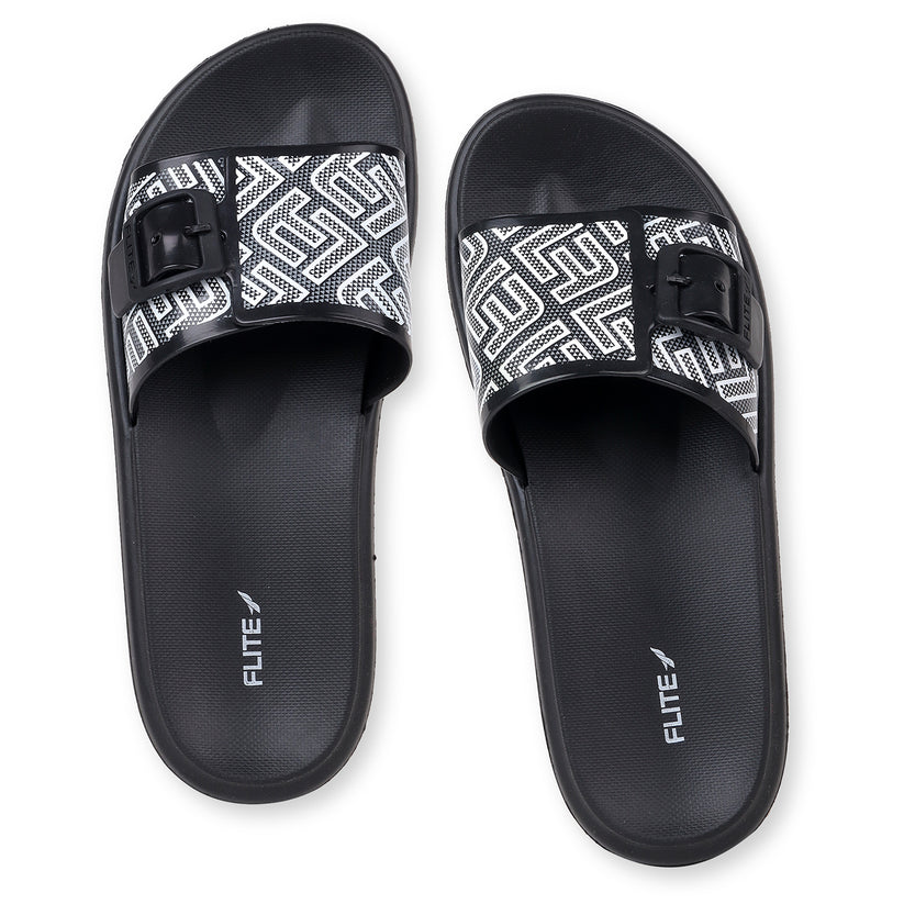 Flite front view Black Slides For Women with white print on it for everyday wear with white background. 