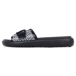 Left side view Flite view Black Slides For Women with white print on it for everyday wear with white background. 