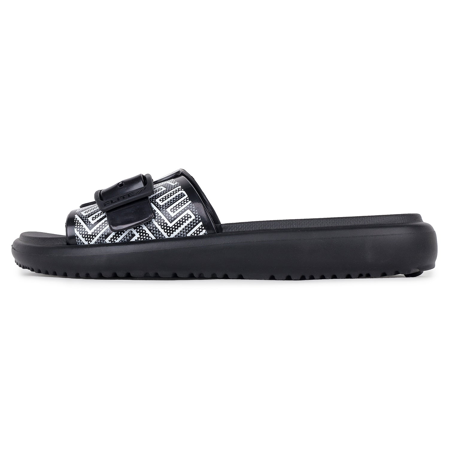 Left side view Flite view Black Slides For Women with white print on it for everyday wear with white background. 