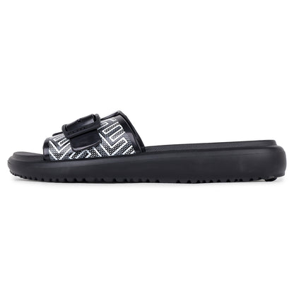Left side view Flite view Black Slides For Women with white print on it for everyday wear with white background. 