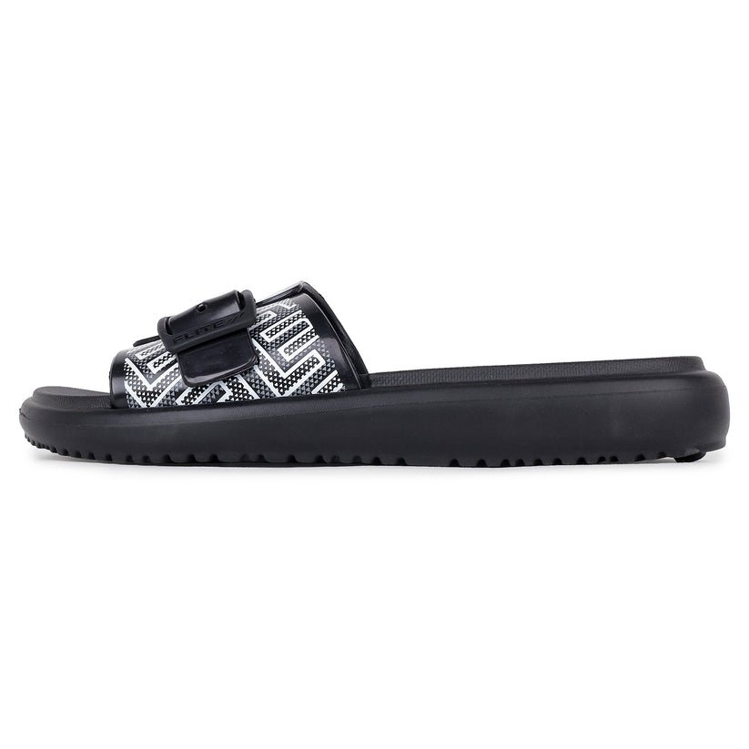 Left side view Flite view Black Slides For Women with white print on it for everyday wear with white background. 