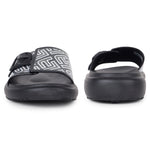 front and back side by side view Flite view Black Slides For Women with white print on it for everyday wear with white background. 