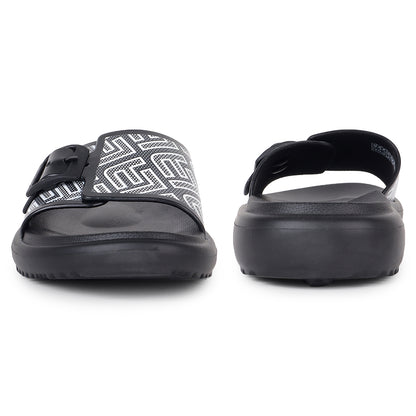 front and back side by side view Flite view Black Slides For Women with white print on it for everyday wear with white background. 