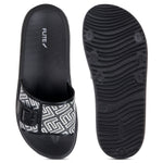 side by side front and back image view Flite view Black Slides For Women with white print on it for everyday wear with white background. 