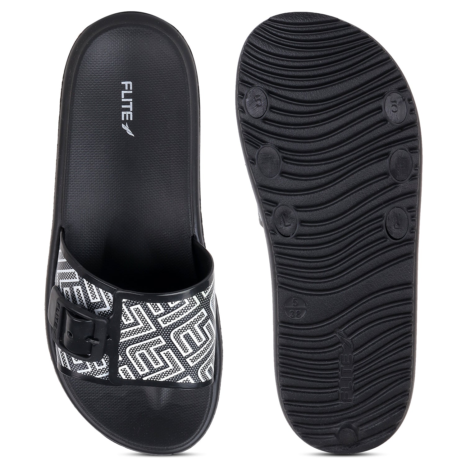 side by side front and back image view Flite view Black Slides For Women with white print on it for everyday wear with white background. 