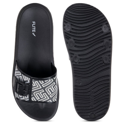 side by side front and back image view Flite view Black Slides For Women with white print on it for everyday wear with white background. 