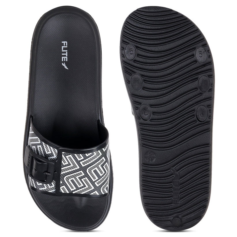 side by side front and back image view Flite view Black Slides For Women with white print on it for everyday wear with white background. 