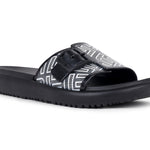 right side focus view image view Flite view Black Slides For Women with white print on it for everyday wear with white background. 