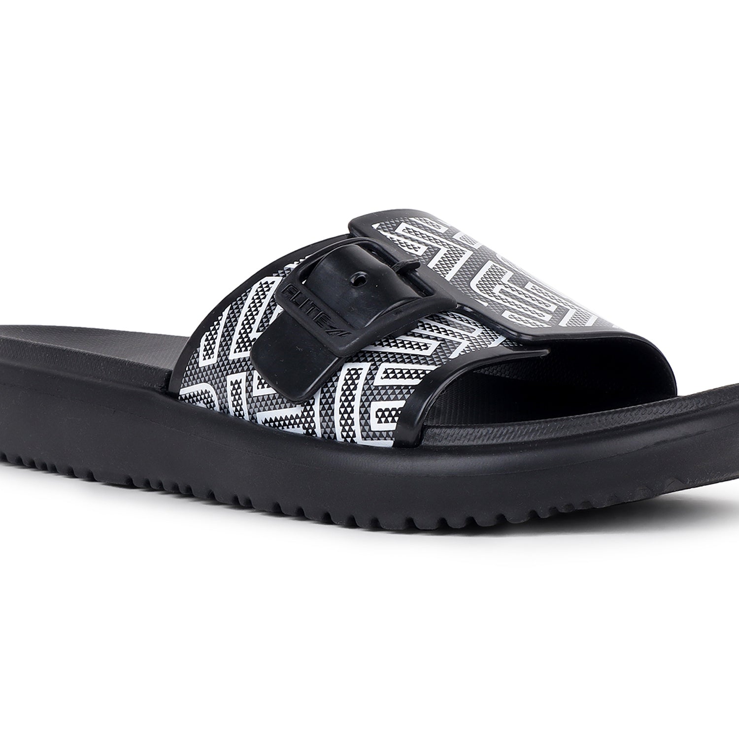 right side focus view image view Flite view Black Slides For Women with white print on it for everyday wear with white background. 